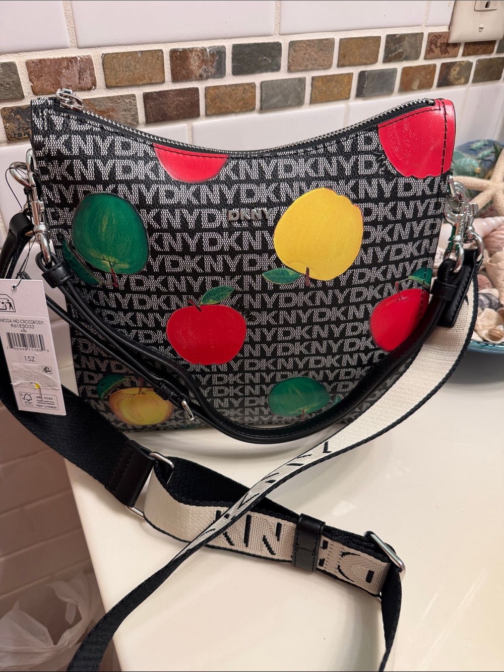 DKNY Black Logo Crossbody Bag with Multicolor Fruit Print
